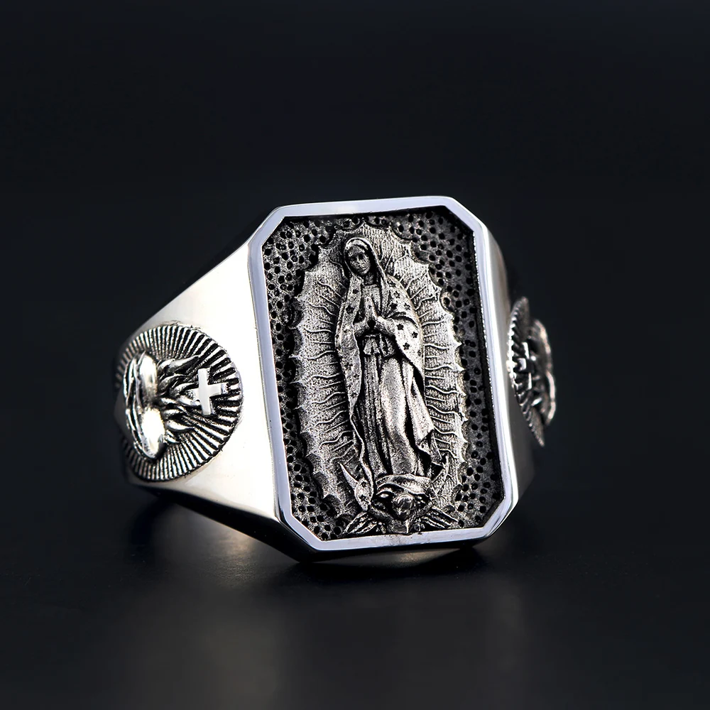 The Heart of Our Lady Virgin Mary Sacred Heart Of Jesus Pray And Faith Sterling Silver Ring 2