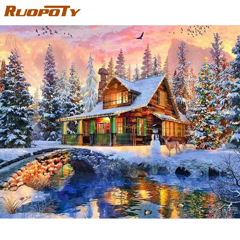 RUOPOTY Frame Painting By Numbers Kits For Adults Snowhouse Christmas Gift Landscape Wall Picture With Numbers For Home Decors
