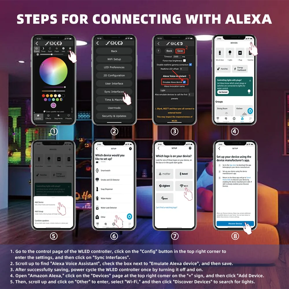 DOMRAEM WLED Digital Music LED Controller with Mic & Relay -ESP32 2CH 16A for WS281X/SK6812 (800ICS). Type-C & UART. Alexa/HA.