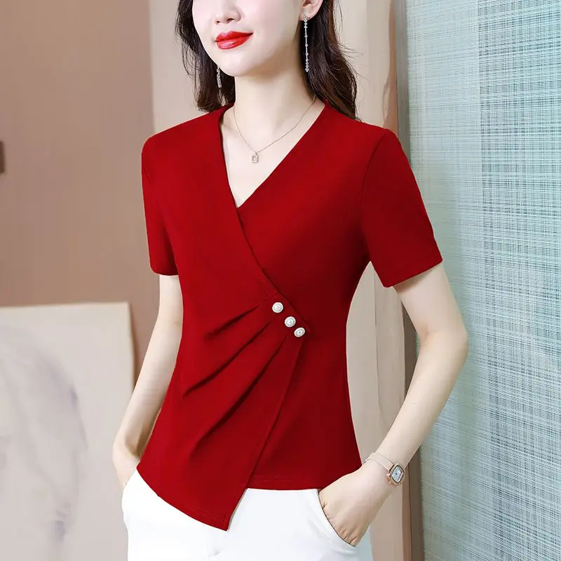 

New Summer Women's Solid Colors V-Neck Short Sleeve Slim Irregular Appear Thin Pullovers Trendy Comfortable All-match Tops