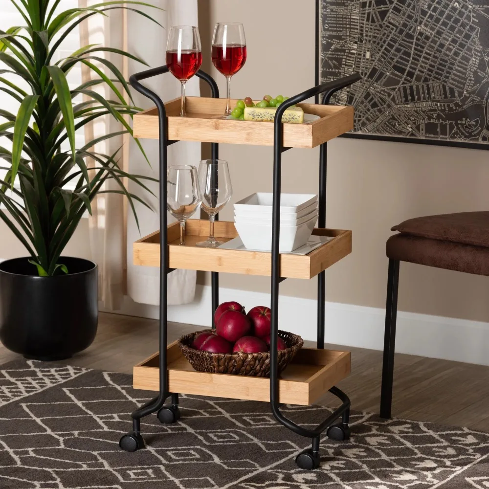 

Baxton Studio Baxter Modern and Contemporary Oak Brown Finished Wood and Black Metal 3-Tier Mobile Kitchen Cart