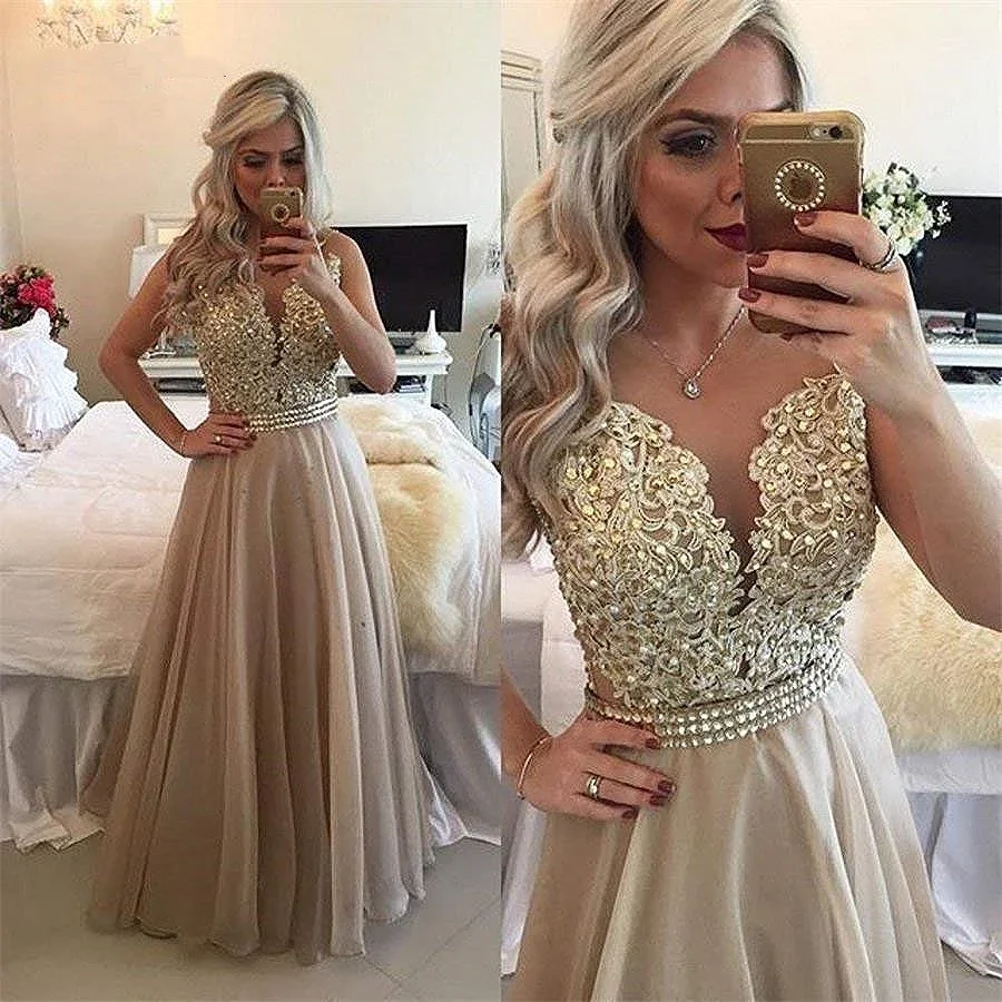 Chiffon Kralen Kanten Applique Lange Prom Jurk Doorschijnende Rug Mouwloze Formele Jurk O-hals Floor Length Avondjurken