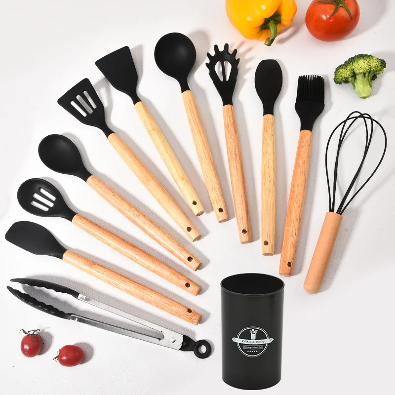 High Temperature Resistant Silicone Kitchenware with Wooden Handle12Set of Cooking Ladel Cream Scraper Tongs Egg Beater