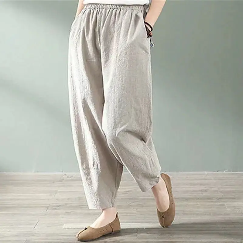 2023 Autumn New Women Ankle-Length Pants Loose 100%Cotton Wide-Leg Pants Casual Slim Harem Pants Comfortable Mom Pants