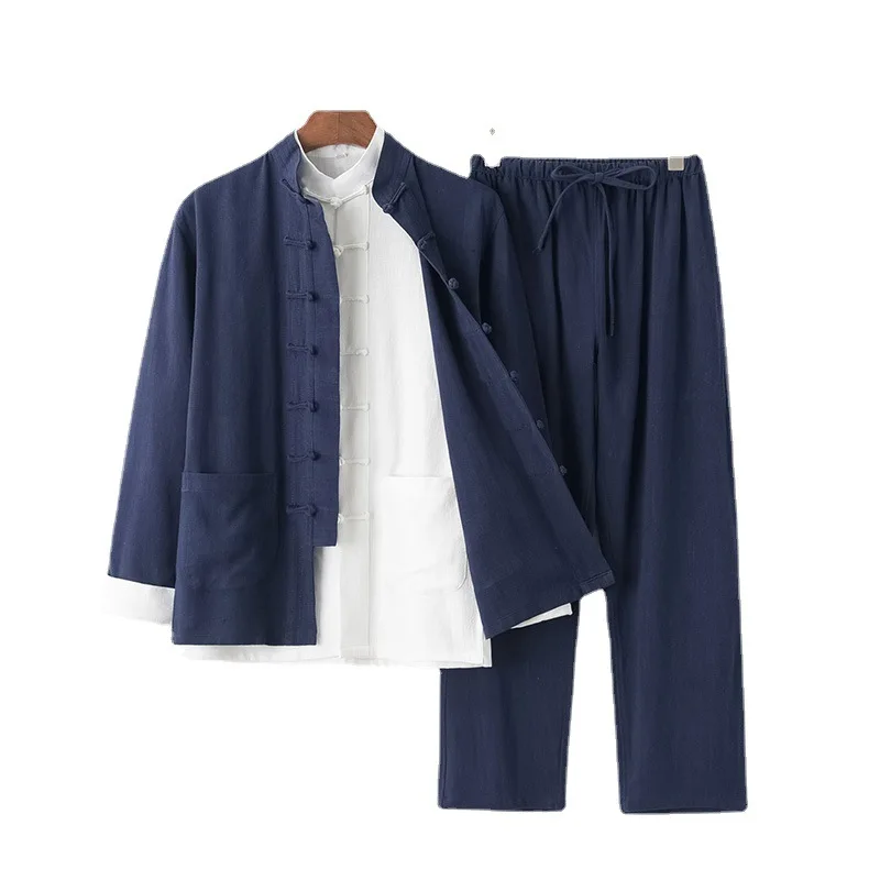 Chinese-style Men Cotton Linen Tang Suit Long-sleeved Trousers Three-piece Suit Linen Hanfu Retro Meditation Buddhist Clothing