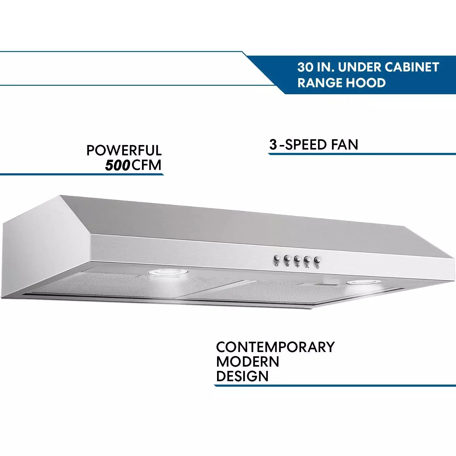 30inch Under Cabinet 500CFM 3-Speed Vent Stainless with Led Bulb Range Hood US0475A 3