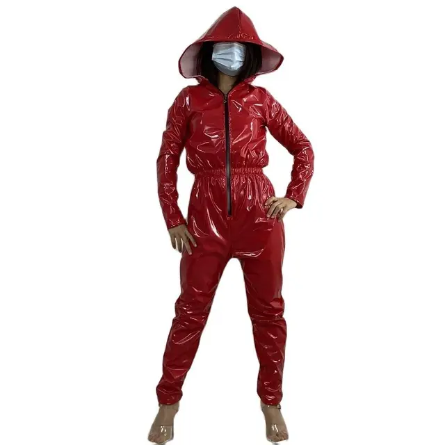 Shiny Faux Leather Overalls Women PVC Hooded Jumpsuits Gothic Patent Leather Bodysuit Ladies Faux Latex One Piece Stage Clubwear 1
