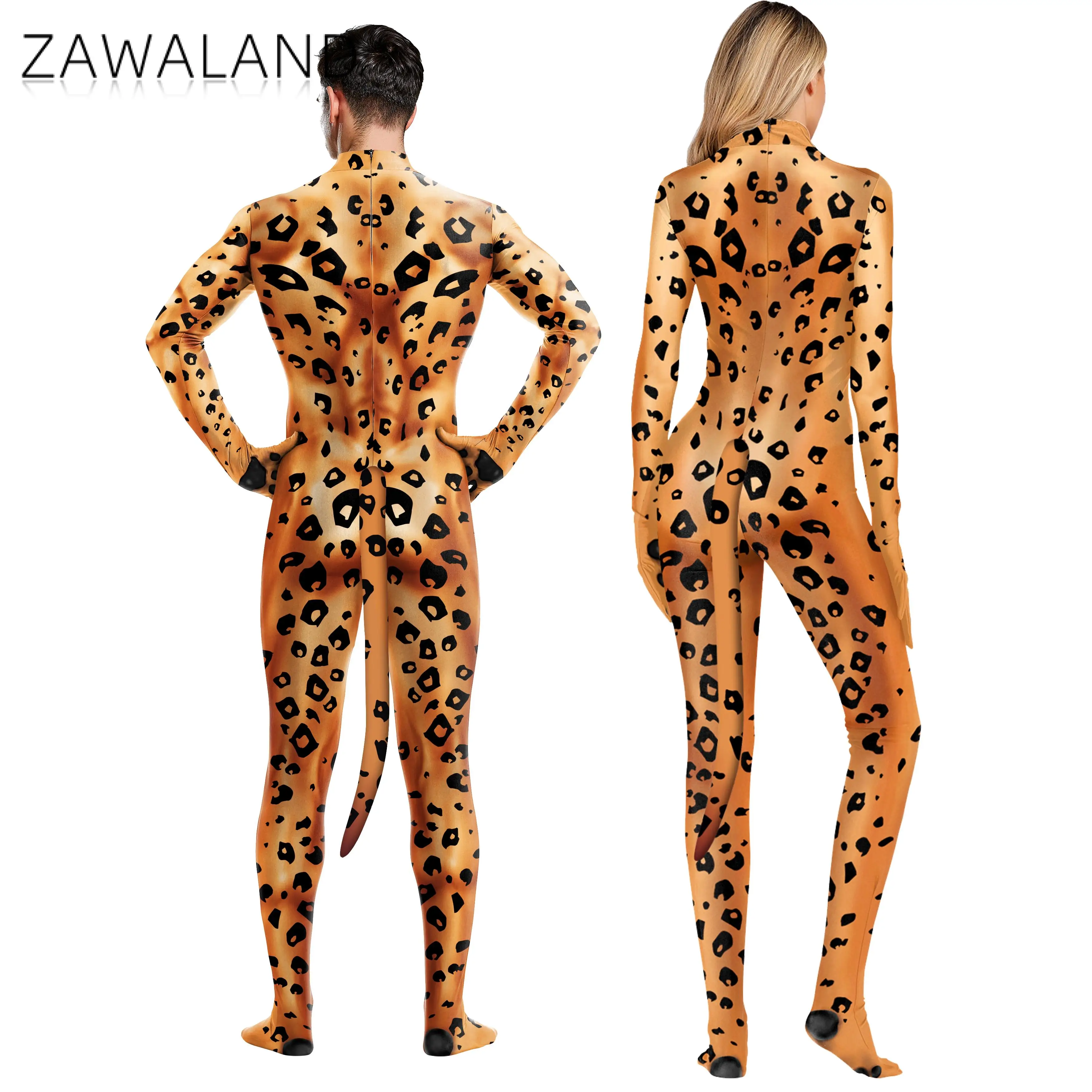 Adult Cosplay Zentai Suit Spandex Bodysuit Muscle Suit Leopard 3D Printed Long Sleeve Tight with Tail cosplay costume adult unitard