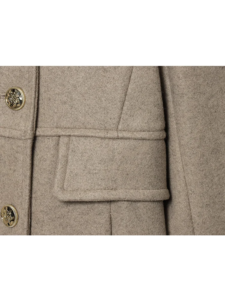 Women's Double Breasted Woolen Coat 2025 Winter Solid Color Turn Down Collar Pocket Commuter Jacket Elegant Slim Fashion