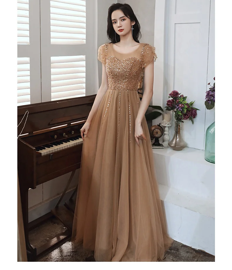 Luxury Handmade Beaded Sequined Tulle Evening Gowns Long 2021 Elegant O-Neck A-Line Floor-Length Backless Long Women petite formal dresses & gowns