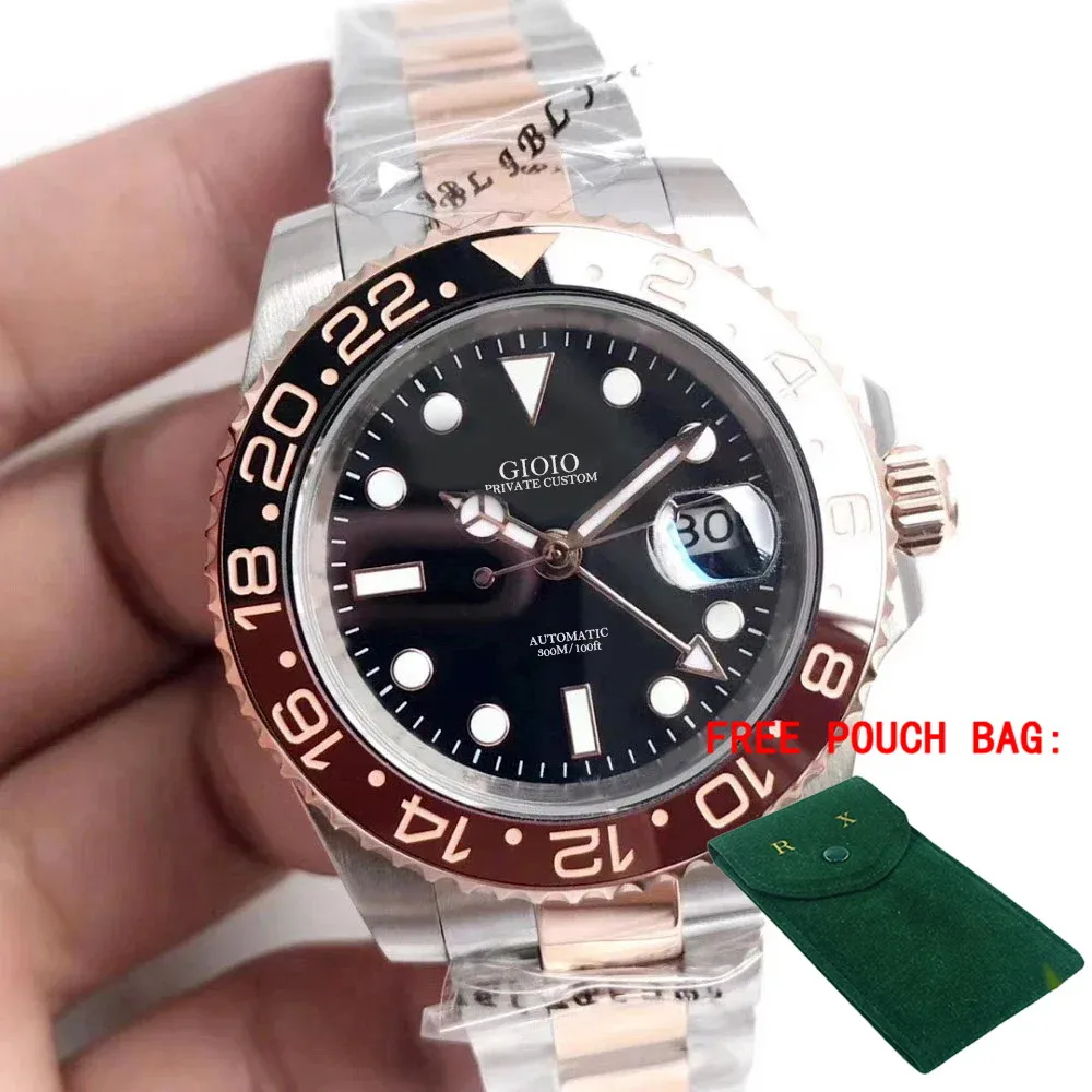 

Luxury Men Automatic Mechanical GMT Watch Rose Gold Stainless Steel Sapphire Black Blue Ceramic Bezel