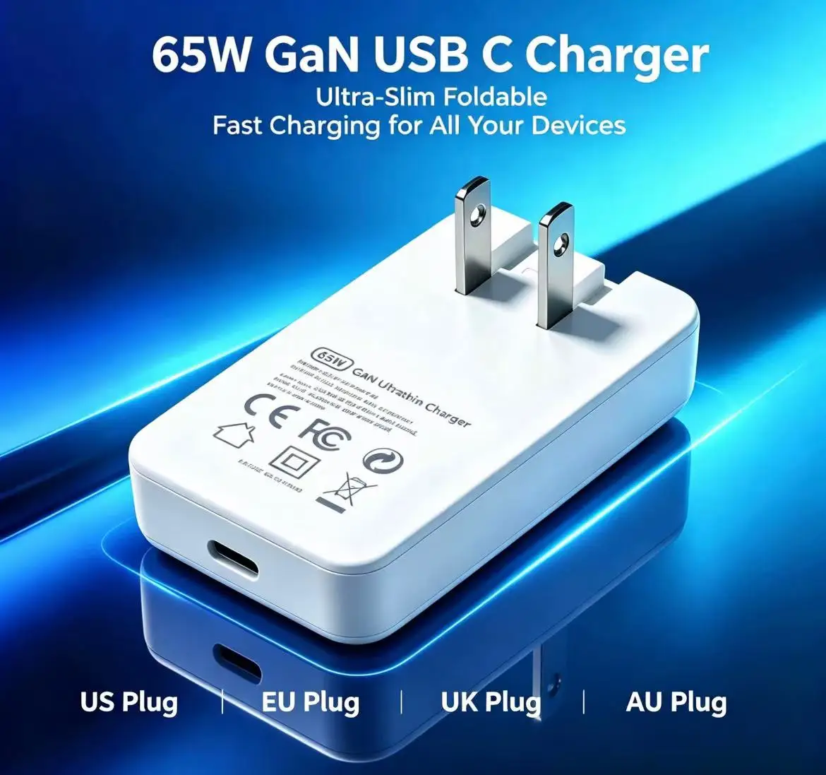 Chargeur USB-C GaN 65W : Prise US pliable, prises EU/UK/AU détachables, charge rapide pour iPhone 15/14/13/12 Series, iPad, AirPods.