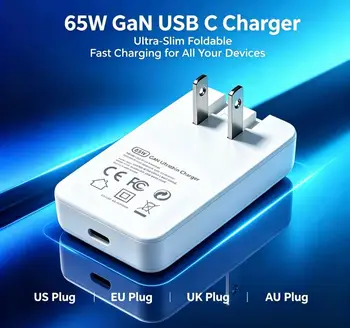 Chargeur USB-C GaN 65W : Prise US pliable, prises EU/UK/AU détachables, charge rapide pour iPhone 15/14/13/12 Series, iPad, AirPods.