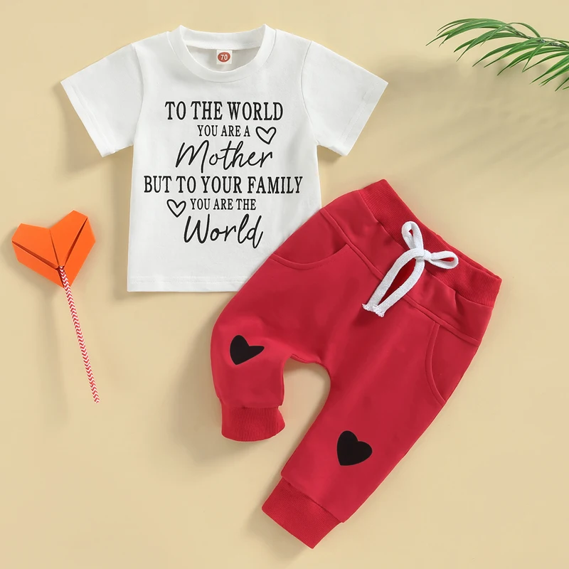 

2023-02-25 Lioraitiin 0-3Years Baby Boys 2Pcs Summer Mother's Day Short Sleeve Crew Neck Letters Print T-shirt with Heart Pant