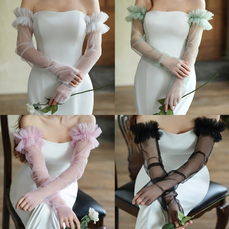 Guanti Da Sposa In Pizzo E Tulle Trasparente | Maniche Lunghe 70 Cm Con Perline | Accessorio Elegante Per Matrimoni E Feste | Stile Vintage In Rosa Nude