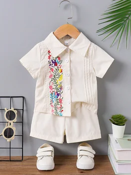 Baby Boy Beige Outfit, Floral Embroidery Collared Shirt & Shorts, Summer Casual Set 1