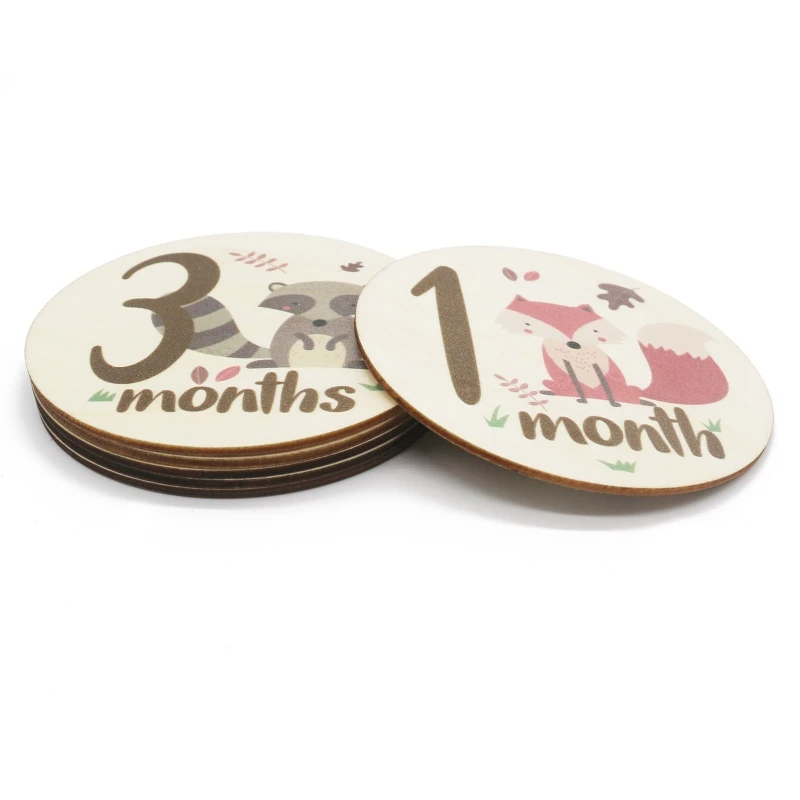 6 Pcs Cartoon Animal Printed Wooden Cards Newborn Monthly Recording