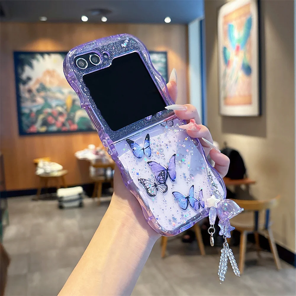 Glitter Bling Epoxy Pendant Shockproof Case with Cartoon Butterfly and Curly Border Design