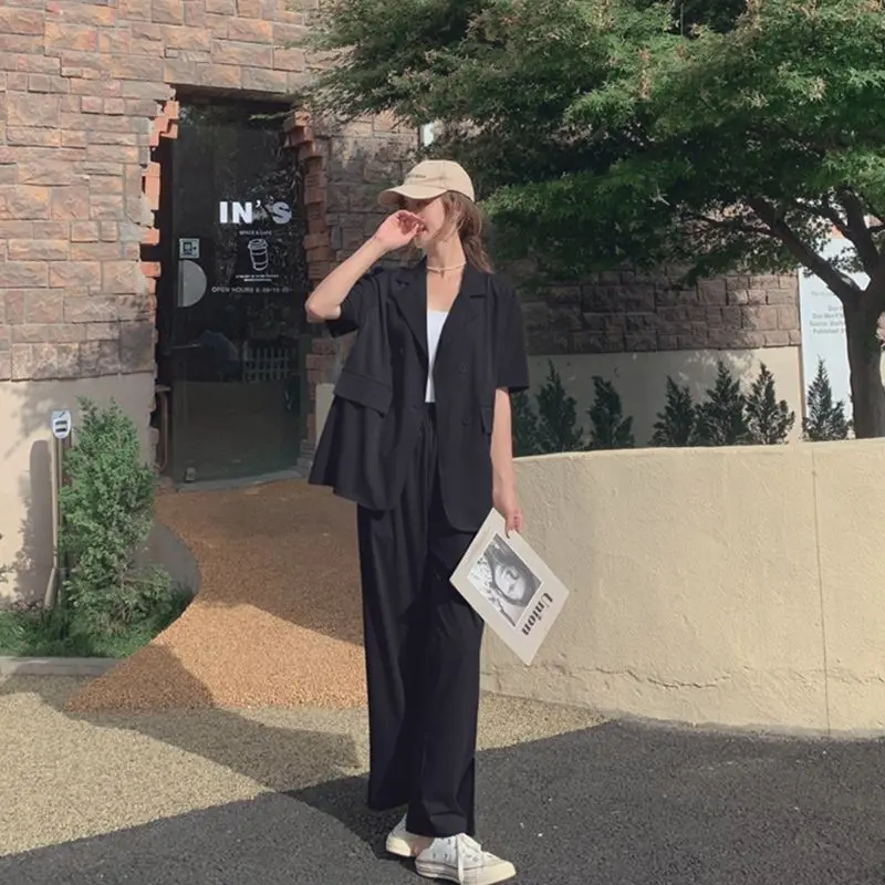 Spring/Summer Thin Loose Short Sleeved Top+Casual Wide Legged Pants Age Reducing Elegant Women's Two Piece Set