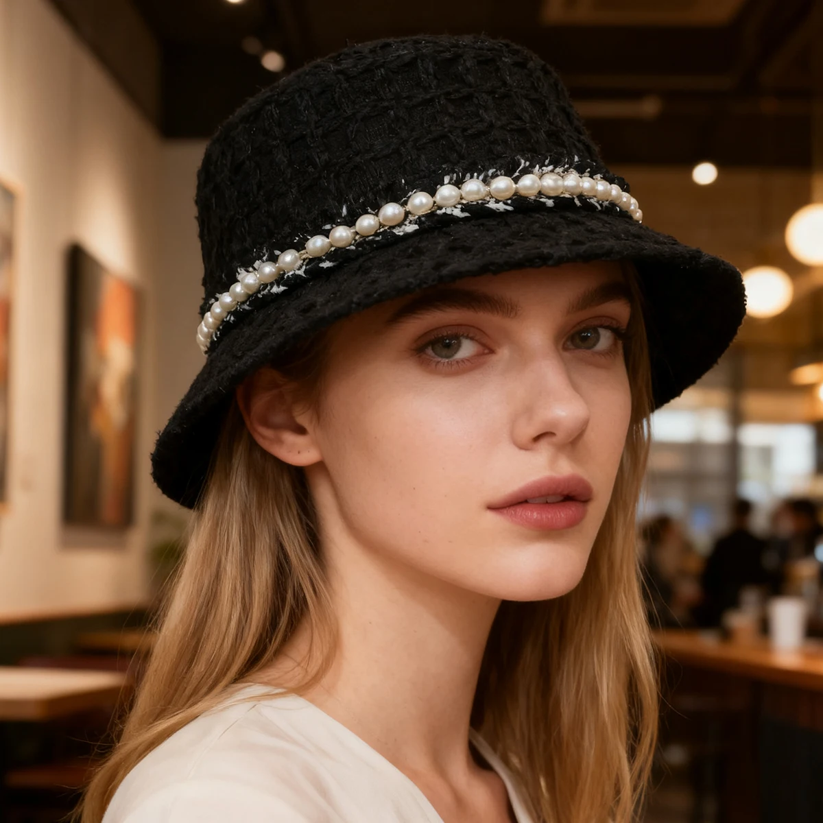 Chic Tweed Pearl Bucket Hat for Women, Autumn and Winter Korean and Japanese Style, Woolen Hat for Shopping, Cold Protection, Fashionable Outing