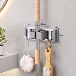 Space-Saving Wall-Mounted Organizer with Broom and Mop Holder & 5 Hooks (1 buckle silver)