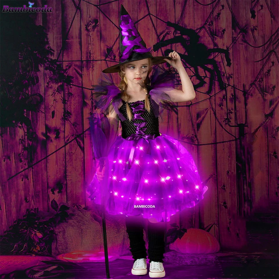 Disfraz De Bruja Para Niña Con Luces LED, Incluye Vestido, Sombrero, Varita Y Bolsa De Dulces, Tallas M Y L, Para Halloween Y Carnaval