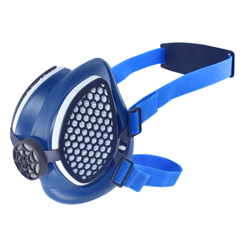 Vue latérale du demi-masque respiratoire en silicone montrant les sangles ajustables et les filtres remplaçables pour peinture.