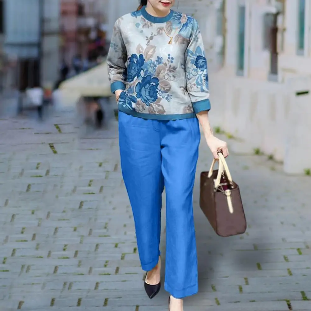 

Fashion Women Loose Print Set Female Cotton Linen Outfits Commuter Elegant O-Neck Long Sleeve Tops Shirt And Straight Pants Suit