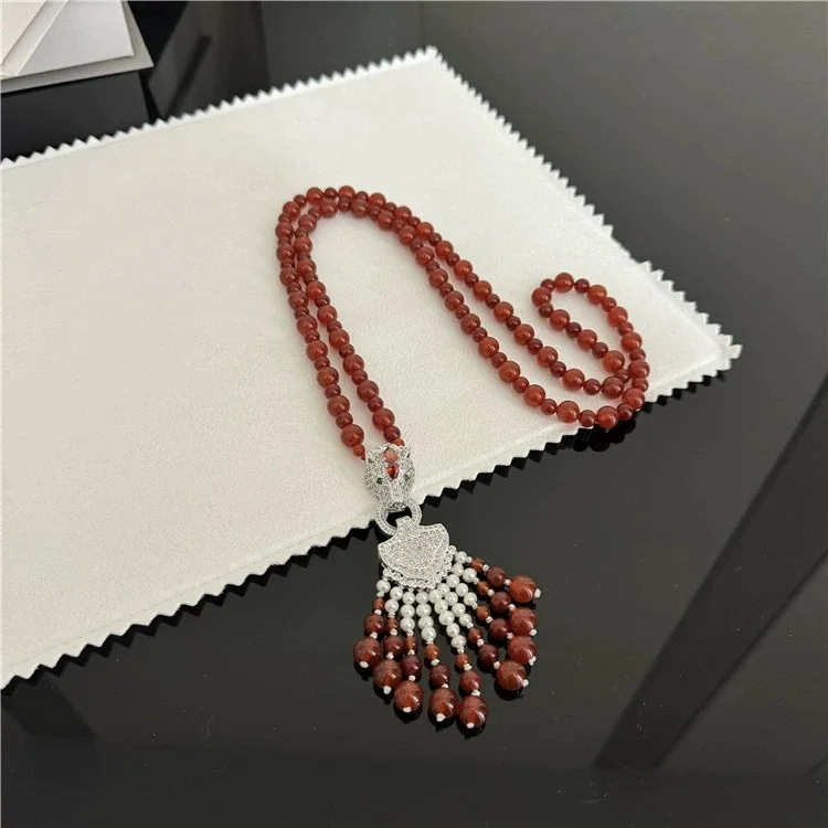 Red Agate White Rice freshwater Pearl CZ Plated Pendant 32