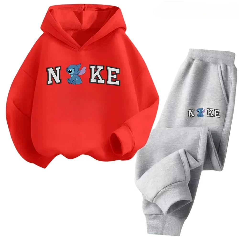 thumbnail image 1 of Conjunto de 2 piezas de sudadera y pantalón con estampado de dibujos animados kawaii de Disney Lilo Stitch para niños y niñas, ropa de moda para primavera y otoño, 1 of 5