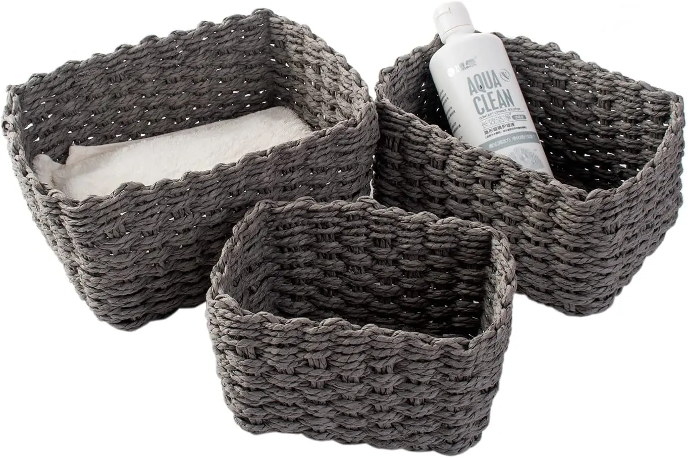 3x stuks rotan gevlochten opbergmand/opbergbox kunststof - taupe - 34 x 40 x 23 cm - Kast mandjes