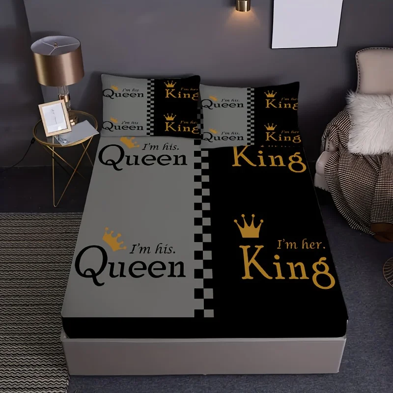 Queen King Golden Crown Couple Print Fitted Sheet Set 1* Fitted Sheet+2*Pillowcases Mattress Cover Soft Breathable Bedding Set 2