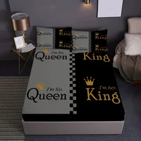 Queen King Golden Crown Couple Print Fitted Sheet Set 1* Fitted Sheet+2*Pillowcases Mattress Cover Soft Breathable Bedding Set 2
