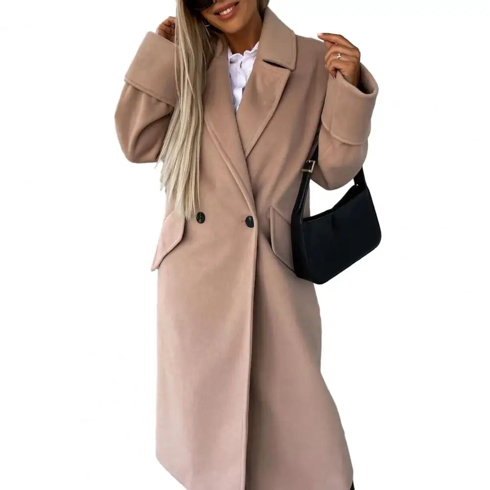 

Woman Fall Winter Overcoat Solid Color Loose Double-breasted Straight Long Sleeve Thick Mid Length Lapel OL Commute Style Coat