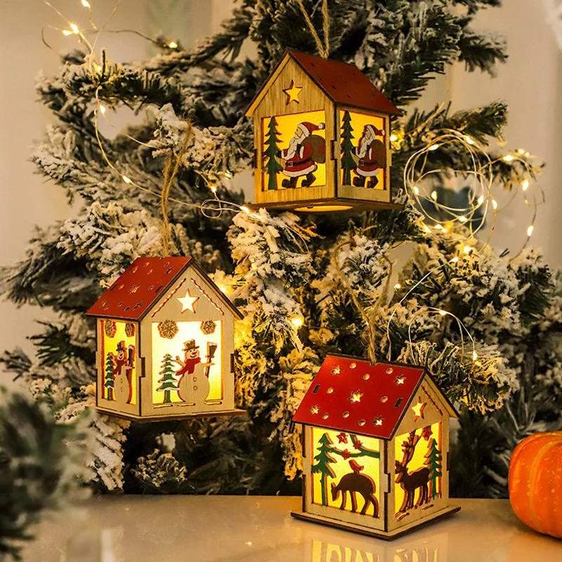 

24 Year New ChristmasDecoration Luminous Wooden Cabin Snowman Creative Christmas Tree Decoration Holiday Luminous Wooden Pendant