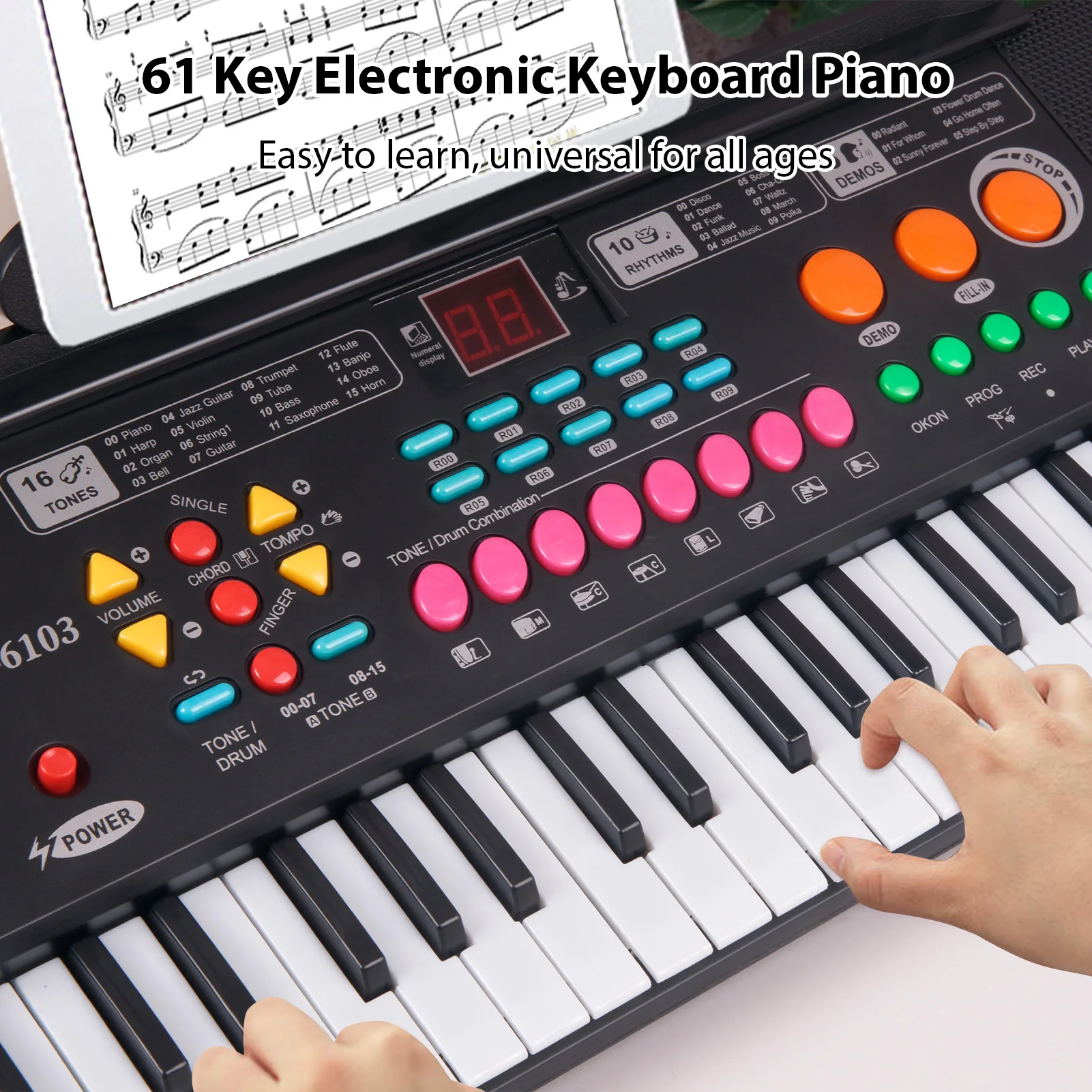 61 Key Electronic Keyboard Piano Dual Speaker 16 Tones 10 Rhythms 6 Demo Musical Instrument Portable