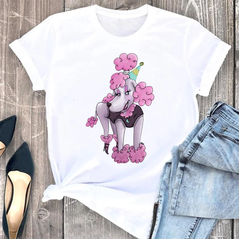 thumbnail image 1 of Bonita camiseta con estampado de animales de caniche rosa para niños, camiseta blanca para amantes de los perros, camiseta de verano de algodón Y2k, ropa para niños, camisetas para bebés, niños y niña, 1 of 5