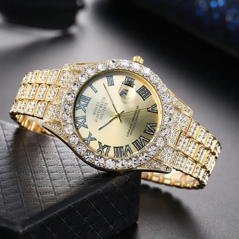 3pcs Necklace + Bracelet + Watch Cuban Chain Watch for Men Hip Hop Miami Curb Iced Out Paved Rhinestone