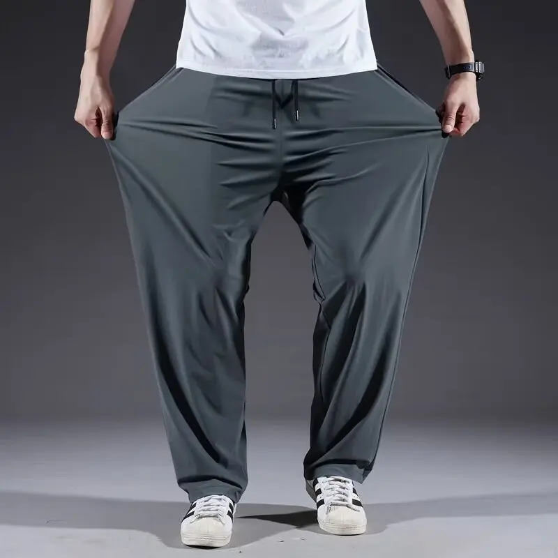 Qui Dry Ice Silk Men's Summer Thin Elastic Sports Casual Pants plus Size Loose Straight Leg Drapey Feel Faionable Youthfu...