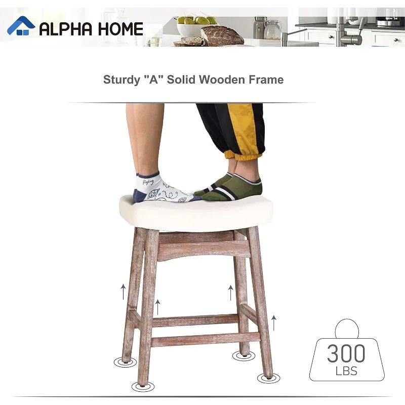 ALPHA HOME Bar Stools Set of 2, Solid Wood Saddle Kitchen Stools with Beige Linen Fabric Cushion Counter Height Barstools 6