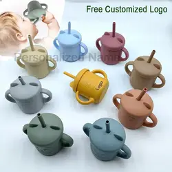Personalized Name Baby Feeding Drinkware With Lid Straw Cute Bear Silicone Siphon Cup Leak-proof Non-slip Children Training Cup