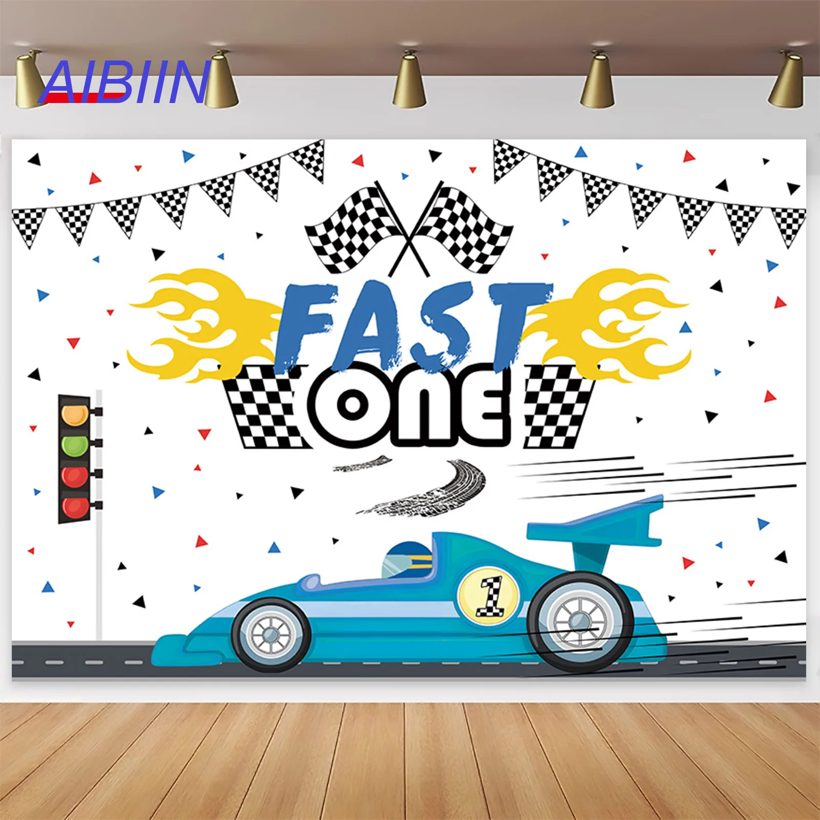

AIBIIN Racing 1st Birthday Party Backdrop Fast One Red Blue Car Black White Flag Party Decor Cake Smash Photography Background
