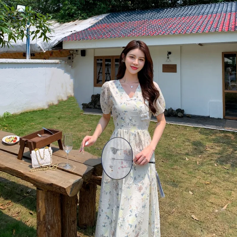 Summer New Chinese Style Midi Dresses for Women Floral Printed V-neck Puff Sleeve A-line Casual Elegant Dress One Piece Vestido