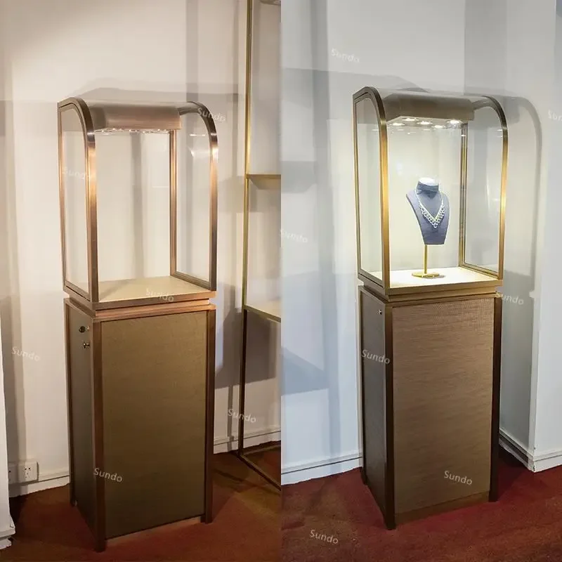 custom，2023 new products three-dimensional in stock jewelry display cabinet custom logo metal luxury jewelry showcase gold