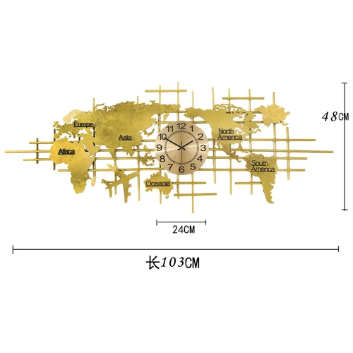 World Map Gold Metal Wall Clock 103x48cm  