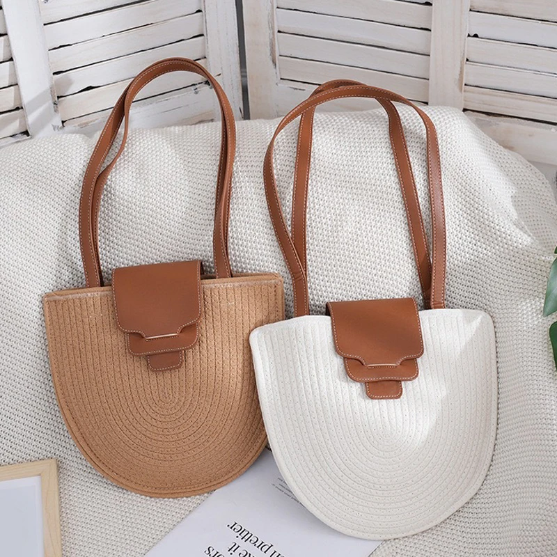 

French Vintage Semi-round Bag Women's Cotton Thread Woven Bag Bag Semi-round Armpit Bag