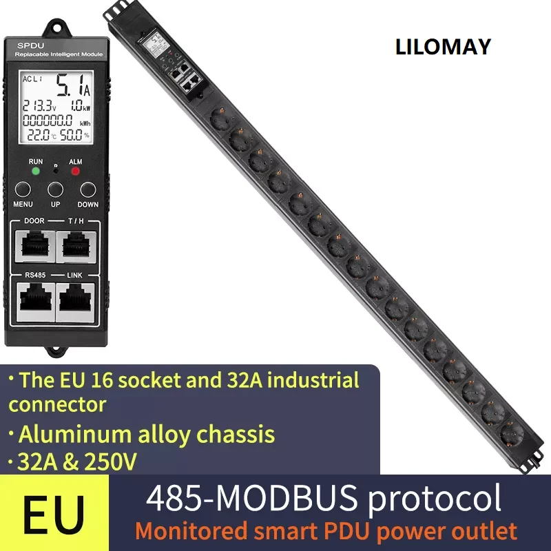 

485Modbus Network PDU 1.5U Intelligent Monitoring Smart PDU Power Socket 16-bit EU Socket 32A Input Vertical Installation