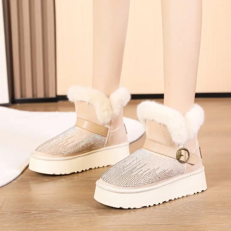 Diamond Women Snow Boots Winter Warm Ankle Boots Furry Suede Upper Non-slip Thicken Cotton Shoes Outdoor English Style Fashion