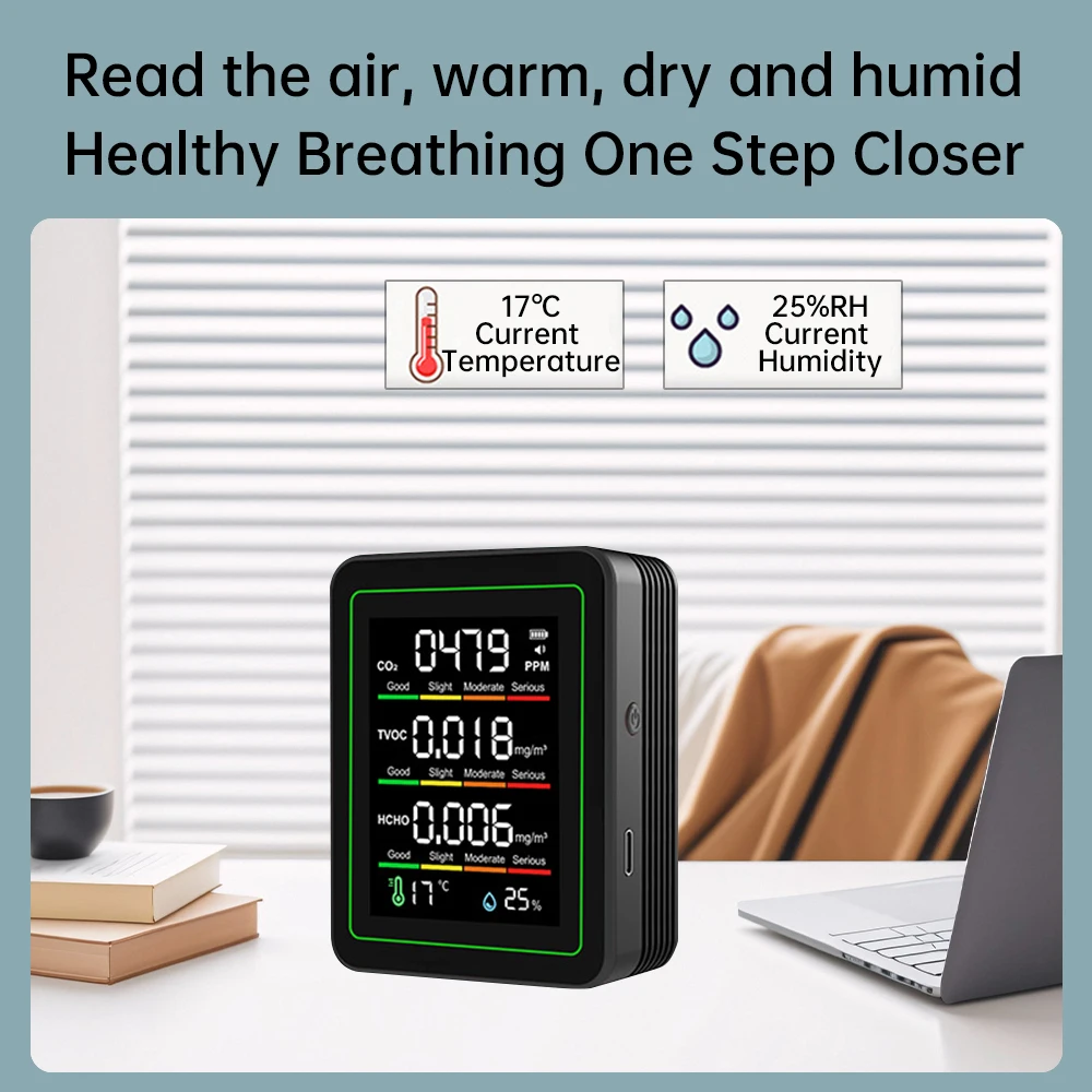 5 in 1 Digital Air Quality Monitor CO2 HCHO TVOC Humidity and Temperature Monitor CO2 Tester LCD  Household Air Quality Tester - 4