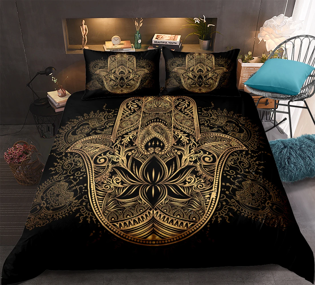 S2eab35d878084019b107fdd6cc86a615p Hamsa Hand Bedding Set Boho Mandala Duvet Cover Set Black Gold Bohemia Bed Set Fatima Hand bed linen Lucky Hand Quilt Cover Mallzona